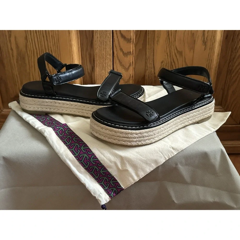 Tory Burch Espadrille Sandals,Black Leather, braided Platform Sole, Size 10